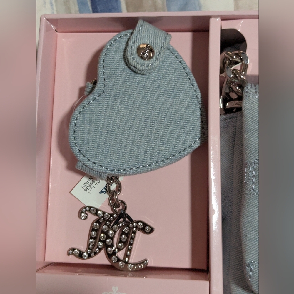 The Juicy Couture Gothic Denim Crossbody Bag & Mirror Bling Keychain Boxed Set - Picture 2 of 3